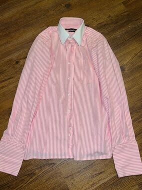 Pink & White Chic Pinstripe Long Sleeve Preppy Button Up Collar Shirt Size M